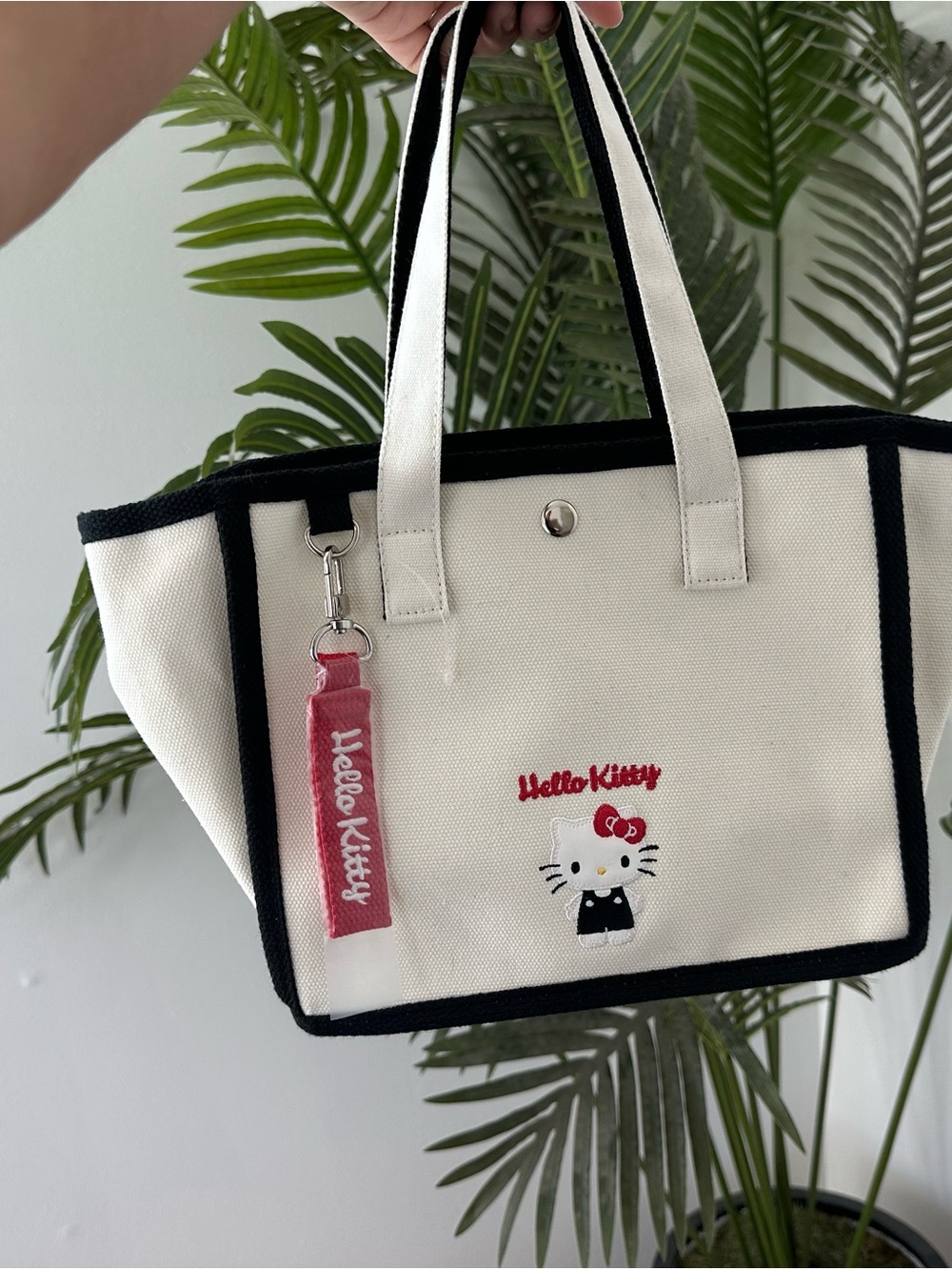 Hello Kitty Cream Canvas Tote with Black Trim and Pink Charm